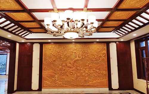 安平中式别墅客厅中式木作横梁吊顶装饰展示